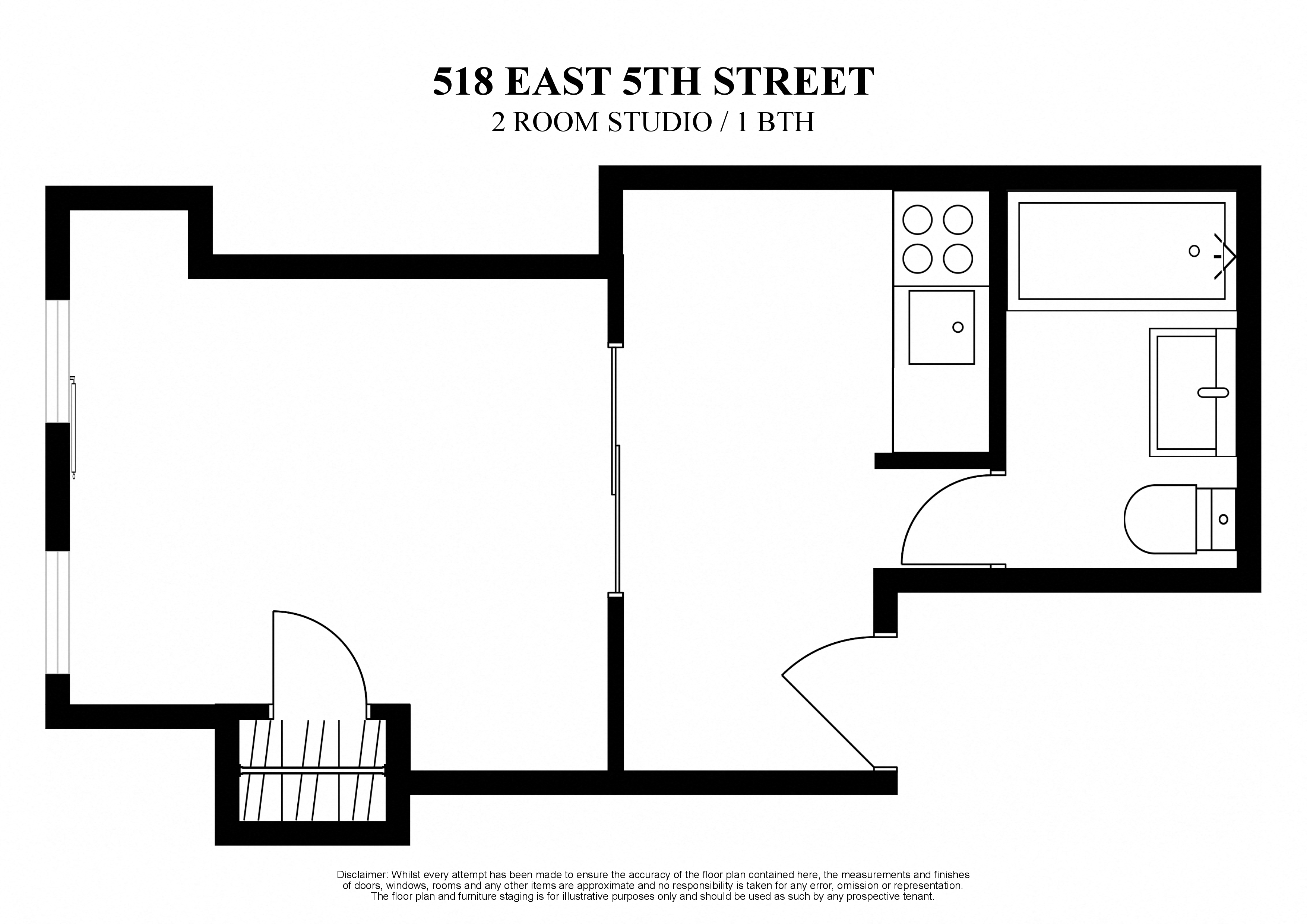 Floor plan for studio, 1 bath, 200 sqft